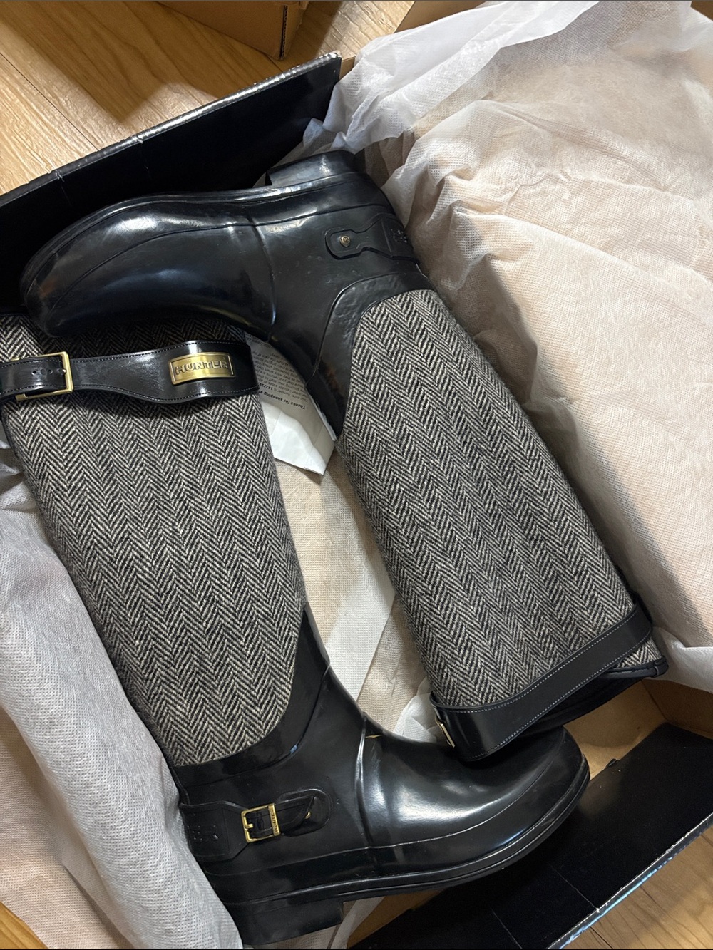 Lauren Ralph Lauren Black Rubber & Gray Herringbone Tall Rain Boots
